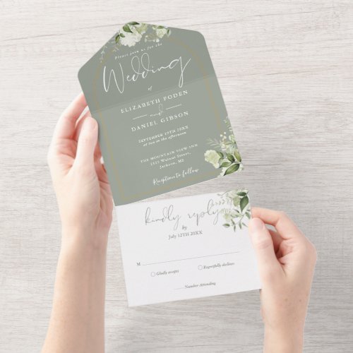 Greenery Floral Sage Green And Gold Arch Wedding All In One Invitation