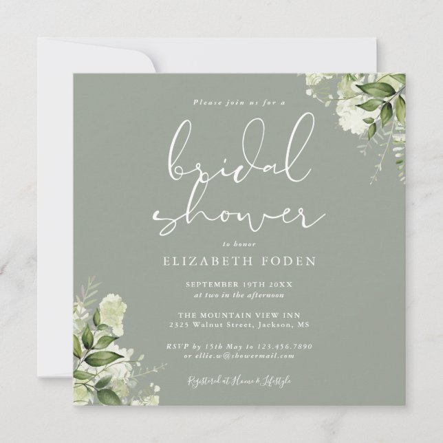 Greenery Floral Sage Green Bridal Shower Invitation (Front)