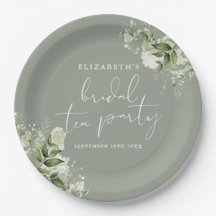 Greenery Floral Sage Green Bridal Shower Tea Party Paper Plates