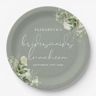 Greenery Floral Sage Green Bridesmaids Luncheon Paper Plates