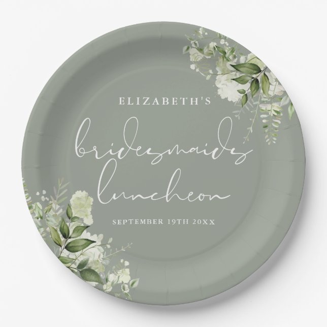 Greenery Floral Sage Green Bridesmaids Luncheon Paper Plates (Front)