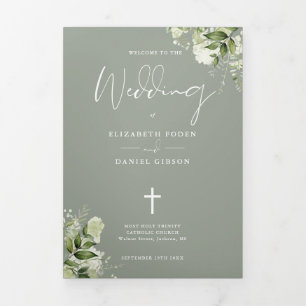 Greenery Floral Sage Green Catholic Wedding Mass Tri-Fold Program