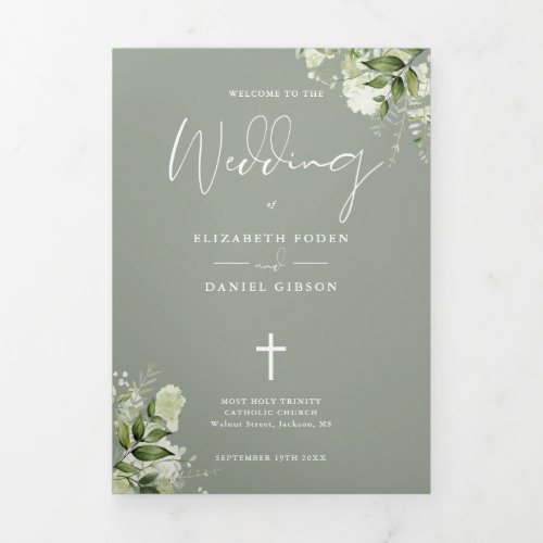 Greenery Floral Sage Green Catholic Wedding Mass Tri-Fold Program