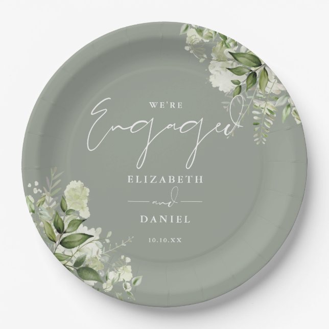 Greenery Floral Sage Green Engagement Party Paper Plates (Front)