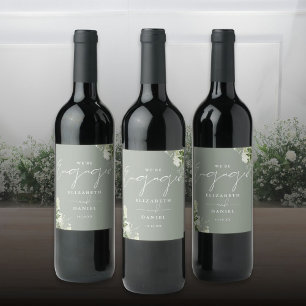 Greenery Floral Sage Green Engagement Party Wine Label
