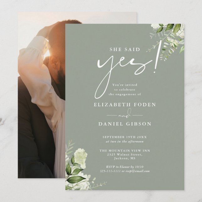 Greenery Floral Sage Green Photo Engagement Party Invitation (Front/Back)
