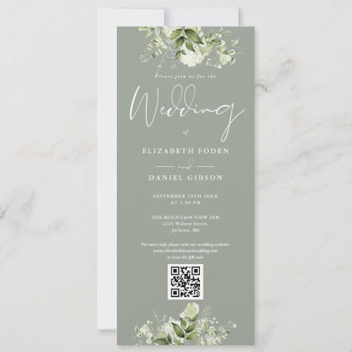 Greenery Floral Sage Green QR Code Wedding Invitation