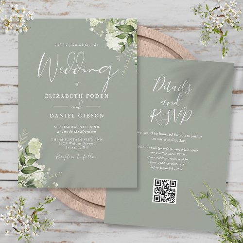 Greenery Floral Sage Green QR Code Wedding Invitation