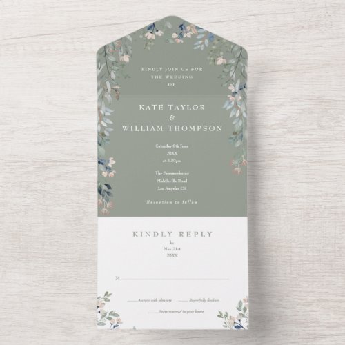 Greenery Floral Sage Green Wedding All In One Invitation