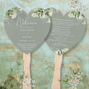Greenery Floral Sage Green Wedding Program Heart Hand Fan