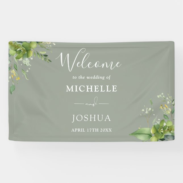 Greenery Floral Sage Green Wedding Welcome Banner (Horizontal)