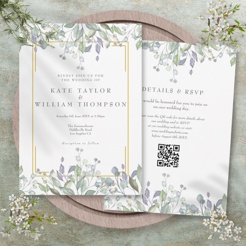 Greenery Floral Sage Lilac QR Code Wedding Invitation