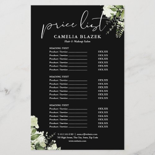 Greenery Floral Salon Service Menu Price List Flyer