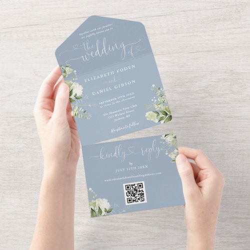 Greenery Floral Script Dusty Blue QR Code Wedding All In One Invitation