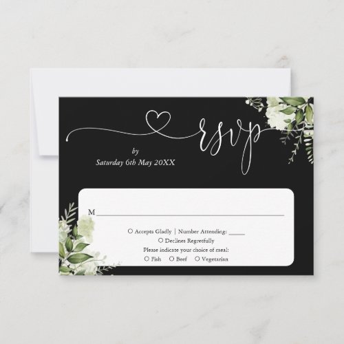 Greenery Floral Script Heart Black And White RSVP Card