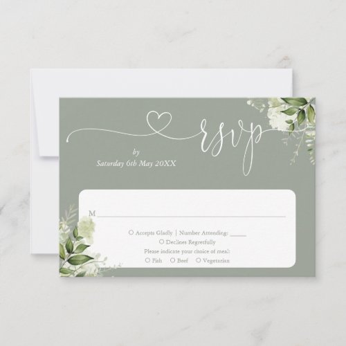 Greenery Floral Script Heart Sage Green RSVP Card