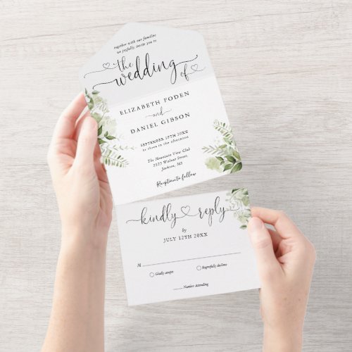 Greenery Floral Script Hearts Minimalist Wedding All In One Invitation