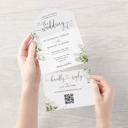 Greenery Floral Script Hearts QR Code Wedding All In One Invitation