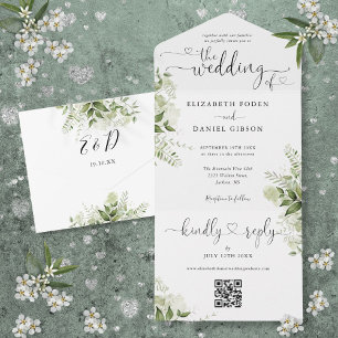 Greenery Floral Script Hearts QR Code Wedding All In One Invitation