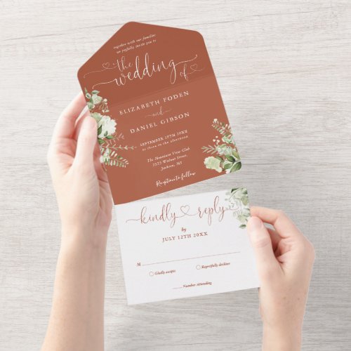 Greenery Floral Script Hearts Terracotta Wedding All In One Invitation