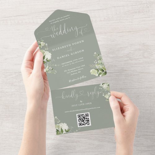 Greenery Floral Script Sage Green QR Code Wedding All In One Invitation