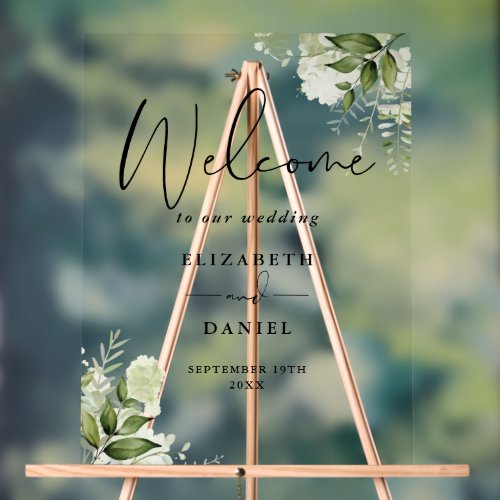 Greenery Floral Script Wedding Welcome Acrylic Sign