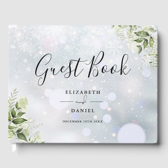 Greenery Floral Script Winter Wedding Guest Book (Front)