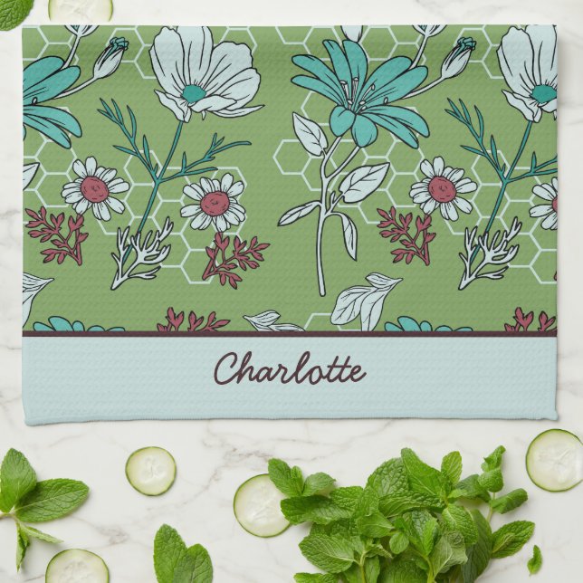 Greenery floral seamless pattern personalized name kitchen towel (Folded)