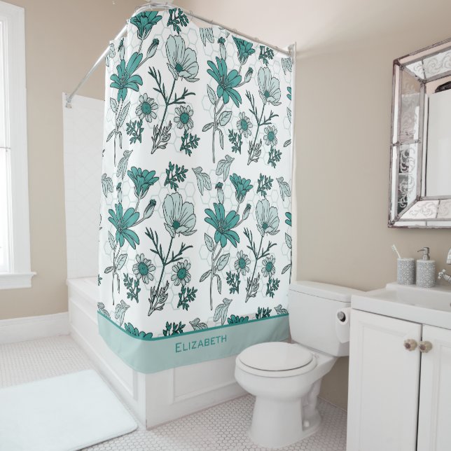 Greenery floral seamless pattern personalized name shower curtain (In Situ)