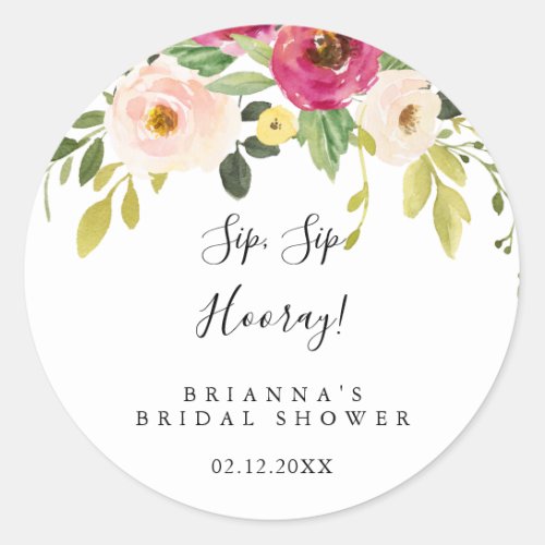 Greenery Floral Sip Sip Hooray Bridal Shower Classic Round Sticker