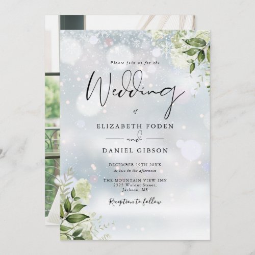 Greenery Floral Snowflakes Photo Winter Wedding Invitation