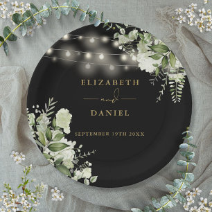 Greenery Floral String Lights Black Gold Wedding Paper Plates