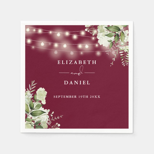 Greenery Floral String Lights Burgundy Wedding Napkins (Front)