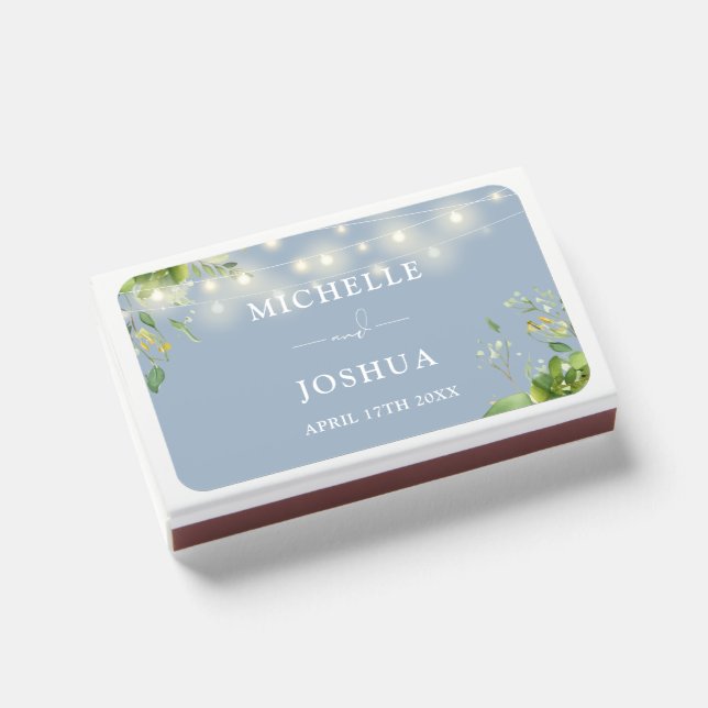 Greenery Floral String Lights Dusty Blue Wedding Matchboxes (Front Closed)