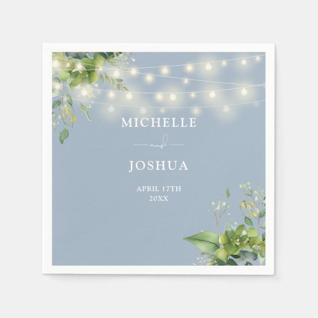 Greenery Floral String Lights Dusty Blue Wedding Napkins (Front)
