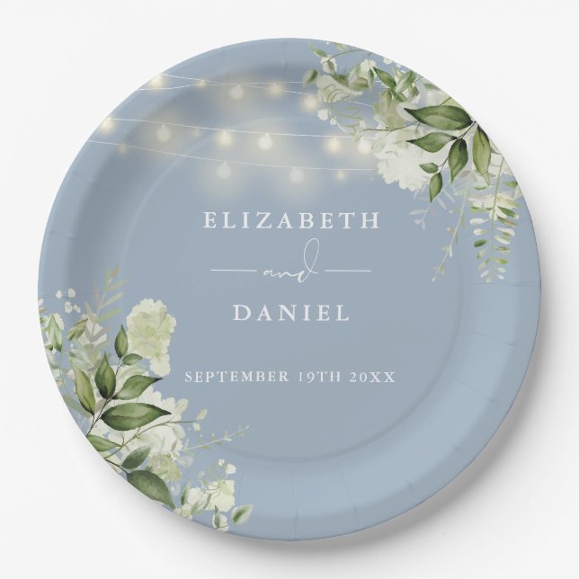 Greenery Floral String Lights Dusty Blue Wedding Paper Plates (Front)