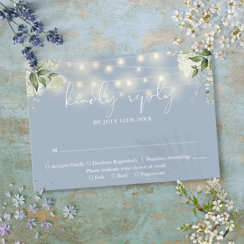 Greenery Floral String Lights Dusty Blue Wedding RSVP Card