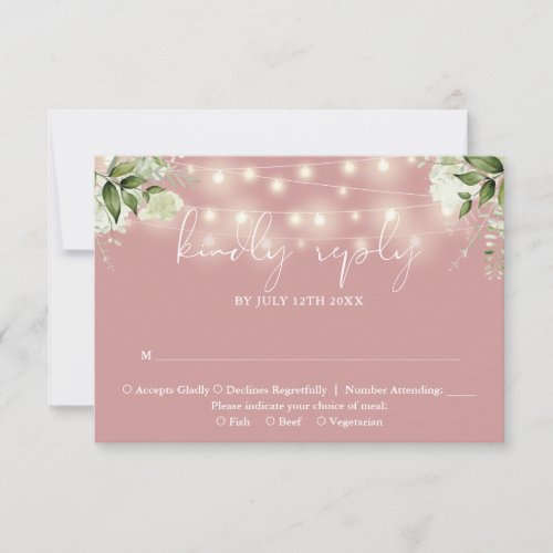 Greenery Floral String Lights Dusty Rose Wedding RSVP Card