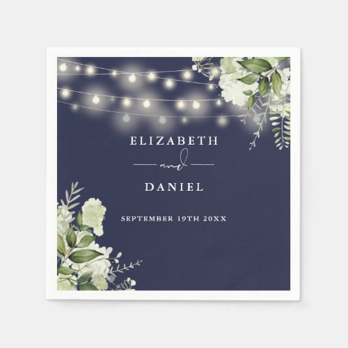 Greenery Floral String Lights Navy Blue Wedding Napkins