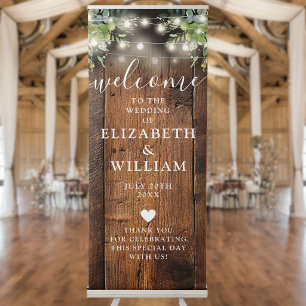 Greenery Floral String Lights Rustic Wood Wedding Retractable Banner