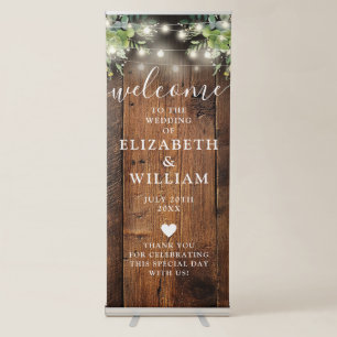 Greenery Floral String Lights Rustic Wood Wedding Retractable Banner