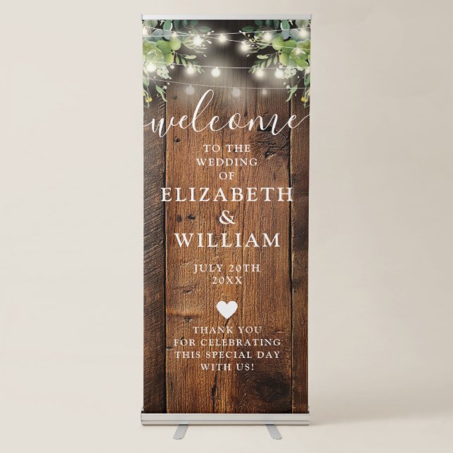 Greenery Floral String Lights Rustic Wood Wedding Retractable Banner (Front)