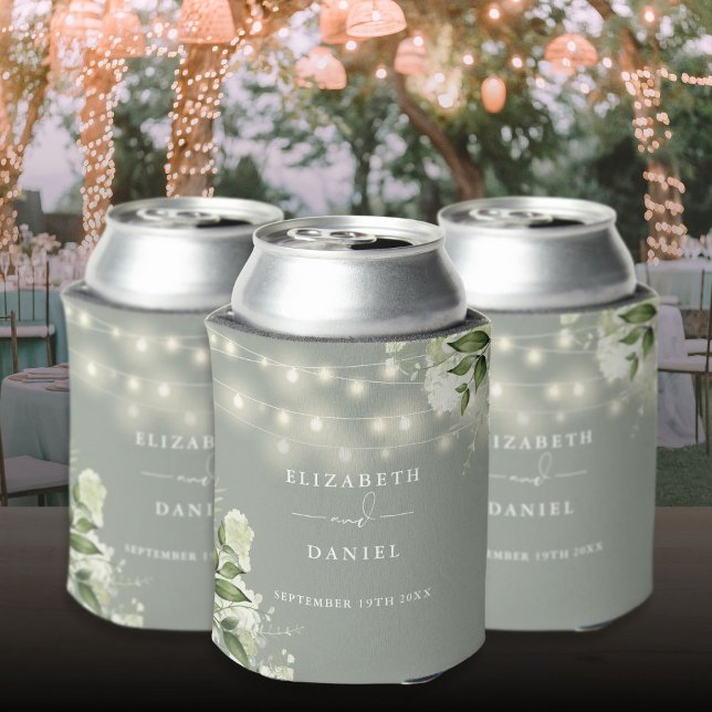 Greenery Floral String Lights Sage Green Wedding Can Cooler (Greenery Floral String Lights Sage Green Wedding Can Cooler)