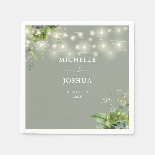 Greenery Floral String Lights Sage Green Wedding Napkins (Front)