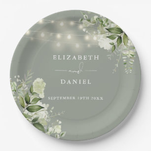 Greenery Floral String Lights Sage Green Wedding Paper Plates