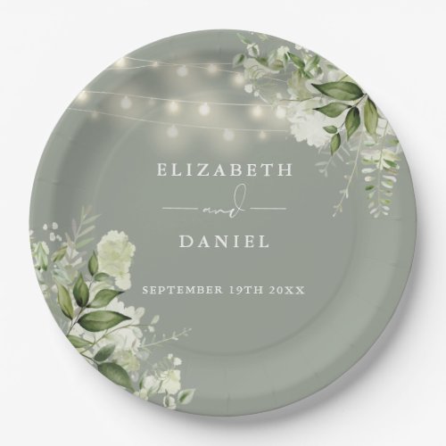 Greenery Floral String Lights Sage Green Wedding Paper Plates