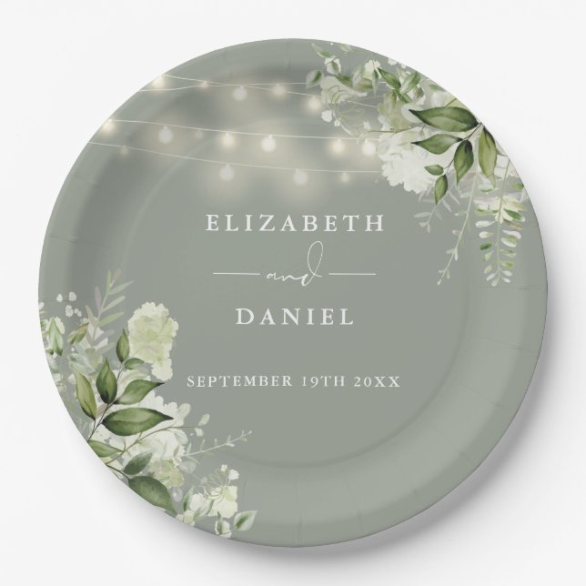 Greenery Floral String Lights Sage Green Wedding Paper Plates (Front)