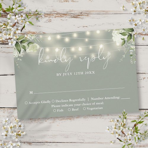 Greenery Floral String Lights Sage Green Wedding RSVP Card