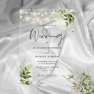 Greenery Floral String Lights Script Wedding Acrylic Invitations