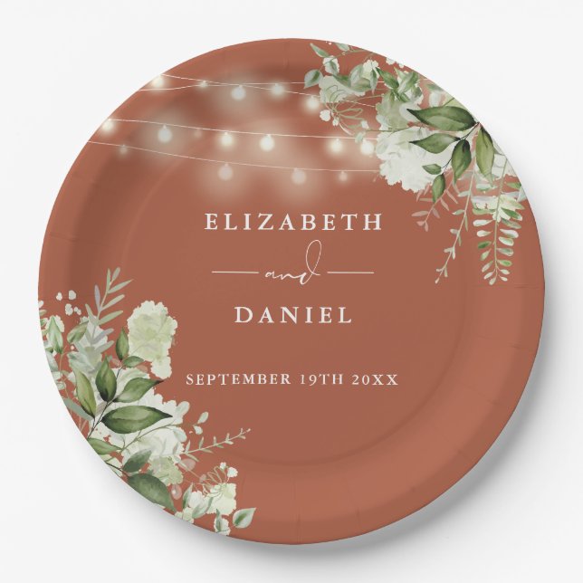 Greenery Floral String Lights Terracotta Wedding Paper Plates (Front)